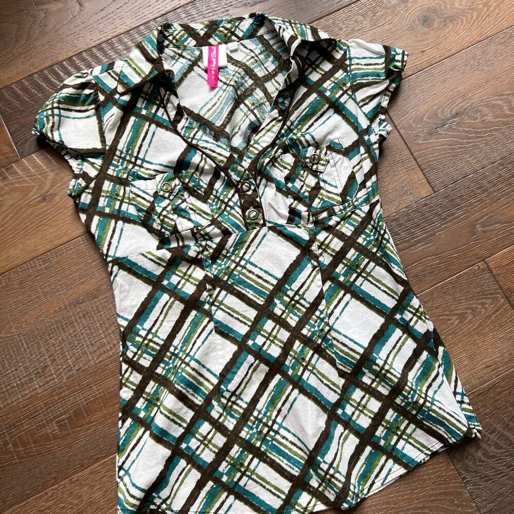 Y2K Short Sleeve V-Neck Plaid Blouse Heart Soul